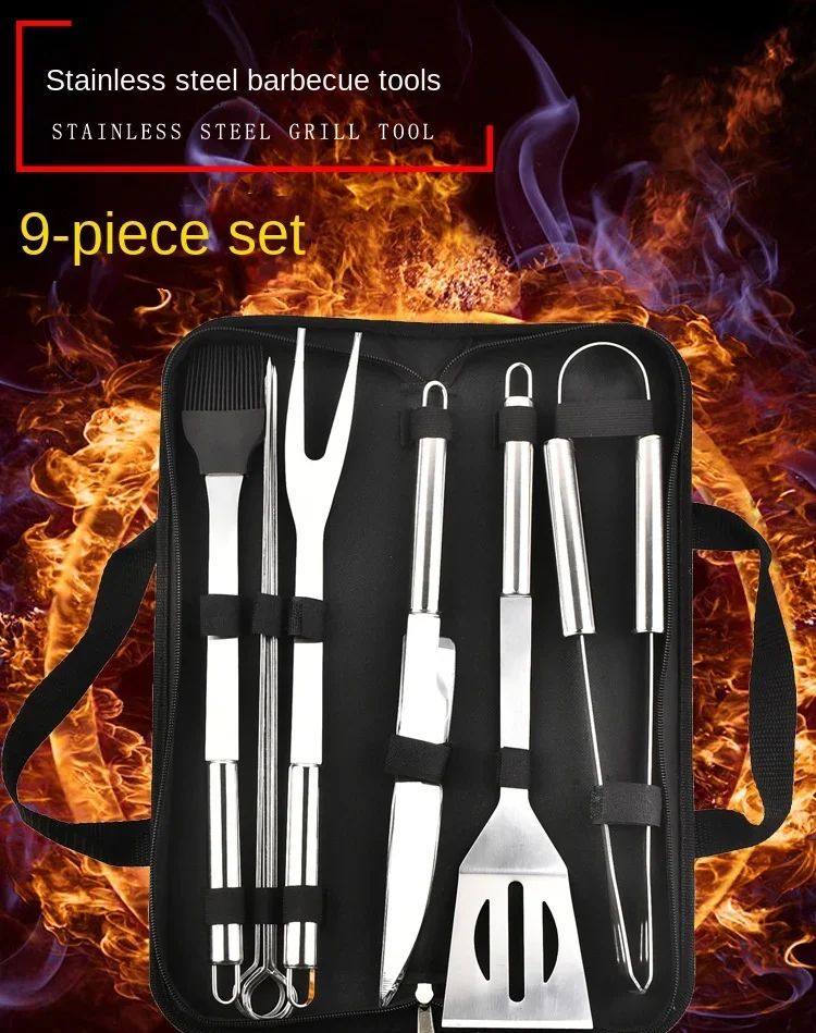 9pcs Portable BBQ tool Kit Outdoor Grill barbecue set Barbecue Set Spatula Clip Skewer With Storage Cloth Bag Grilling Tools