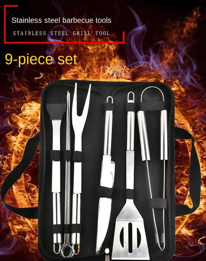9pcs Portable BBQ tool Kit Outdoor Grill barbecue set Barbecue Set Spatula Clip Skewer With Storage Cloth Bag Grilling Tools