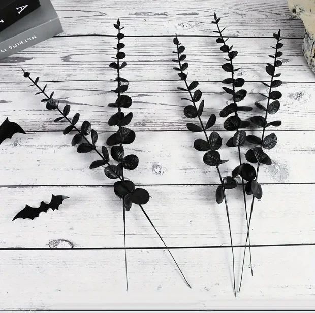 50/10x Black Artificial Eucalyptus Branches Simulation Flowers Stems Halloween Thanksgiving Ornaments DIY Home Table Decoration