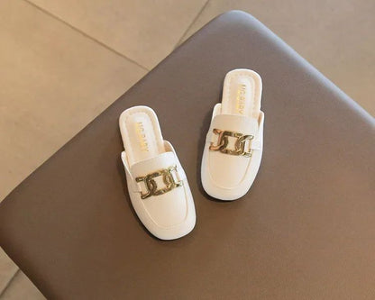 Children Sandals for Girls 2024 Summer New Girls Covered Toes Flat Leather Slippers Casual Lazy Metal Korean Kids Fashion Flats