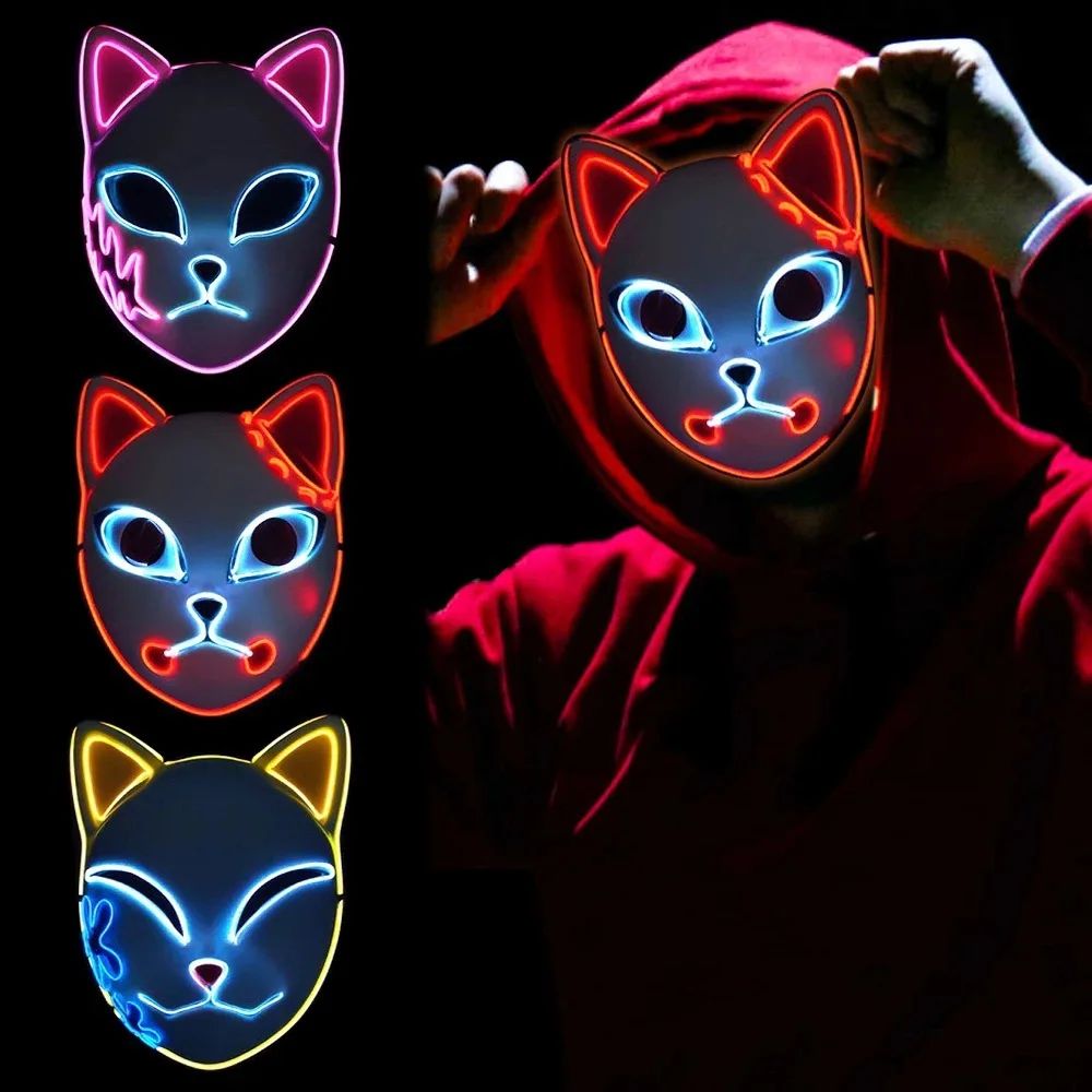 1PC Glowing Demon Slayer Led Face Mask Anime Cosplay Prop Cat Face Fox Halloween Cold Light Flashing Mask Party Costume