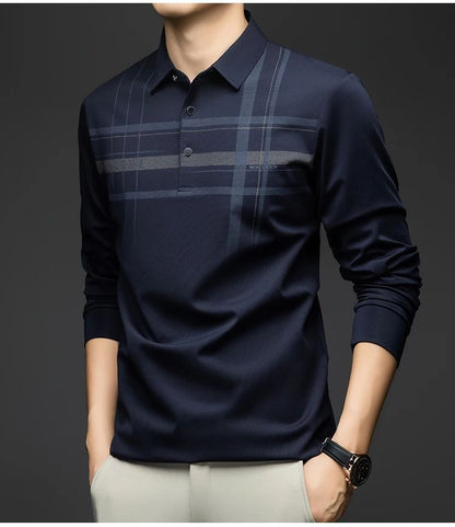 BROWON Polo T Shirt for Man 2025 Formal Business Slim Long Sleeve Tshirt Men Casual Loose Stripe Shirt for Man Designer Clothes