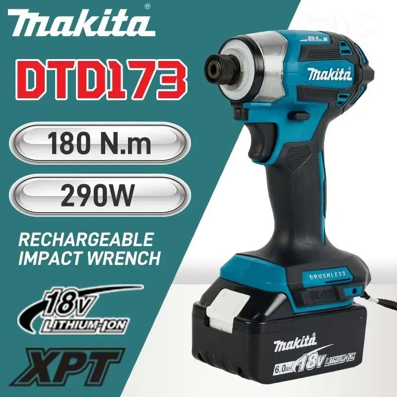 Parafusadeira de Impacto Sem Fio Makita 18V LXT DTD173 Motor Brushless Furadeira Elétrica Parafusadeira Madeira/Parafuso Modo T1/T2 Luz LED Dupla 180 N·m