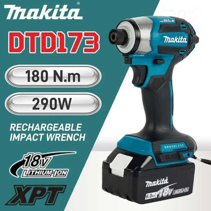 Parafusadeira de Impacto Sem Fio Makita 18V LXT DTD173 Motor Brushless Furadeira Elétrica Parafusadeira Madeira/Parafuso Modo T1/T2 Luz LED Dupla 180 N·m