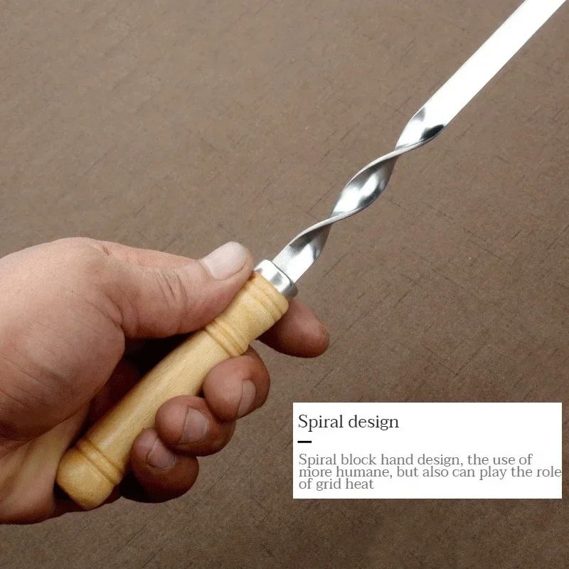 Stainless Steel Barbecue Skewers Long Handle 55cm Wooden Barbecue Handle Large Flat Stick Outdoor Picnic Barbecue Tools