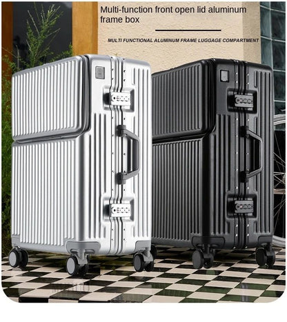 Aluminium Frame Suitcase Front Opening Cabin Luggage with USB Cup Holder Female Trolley Case Male Brake Wheel Travel Suitcase