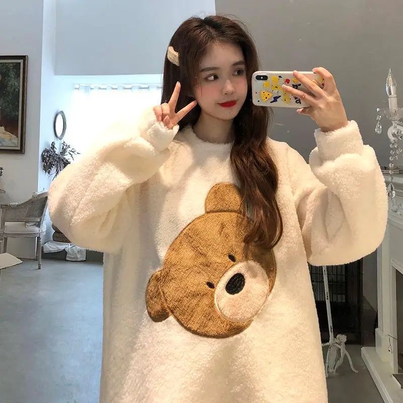 Thickened Warm Women Winter Two Pieces Set Flannel Homewear Pajamas O-Neck Loose Cute Cartoon Bear Ladies Sleepwear Loungewear