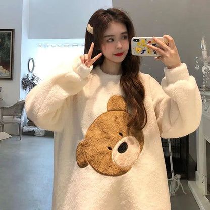 Thickened Warm Women Winter Two Pieces Set Flannel Homewear Pajamas O-Neck Loose Cute Cartoon Bear Ladies Sleepwear Loungewear