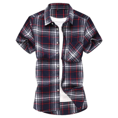 2025 new red summer men's shirts short-sleeved plaid fat big yards youth casual shirt.