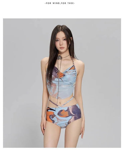 2024 New Three-Piece Bikini Set Beach Vacation Hot Spring Trip Slimming Long Skirt Separate Swimsuit Meat Concealing Photography