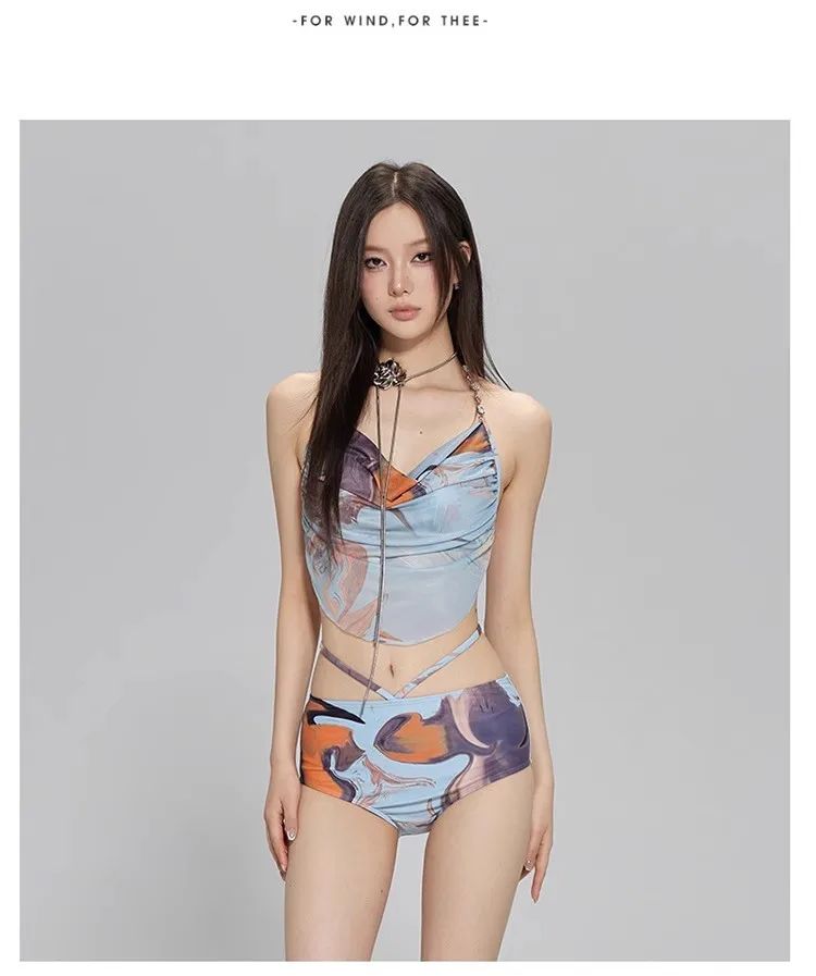 2024 New Three-Piece Bikini Set Beach Vacation Hot Spring Trip Slimming Long Skirt Separate Swimsuit Meat Concealing Photography