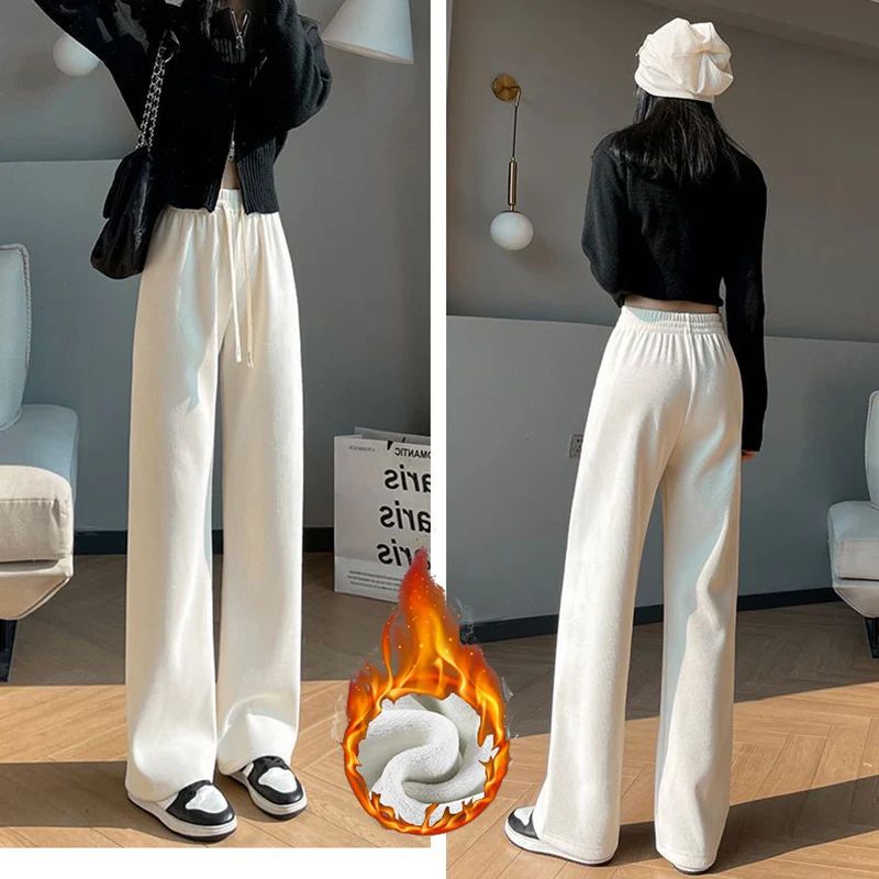 Winter Lady Korean Fashion High Waist Fleece Pants Women Slim Fit Straight Leg Plush Trousers Girls Snow Warm Casual Pants