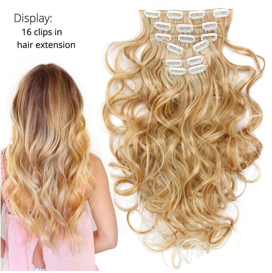 22 Polegadas Sintético Cabelo Liso Longo 16 Clipes 6 Peças/Conjunto Apliques de Cabelo Loiro Preto Resistente ao Calor Para Mulheres