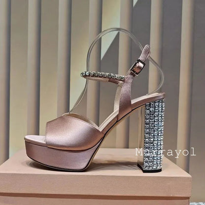 Women Open Toe Rhinestone High Heels Sandals Satin Waterproof Platform Sandalias Summer Party Dress Shoes Pumps Wedding Shoes