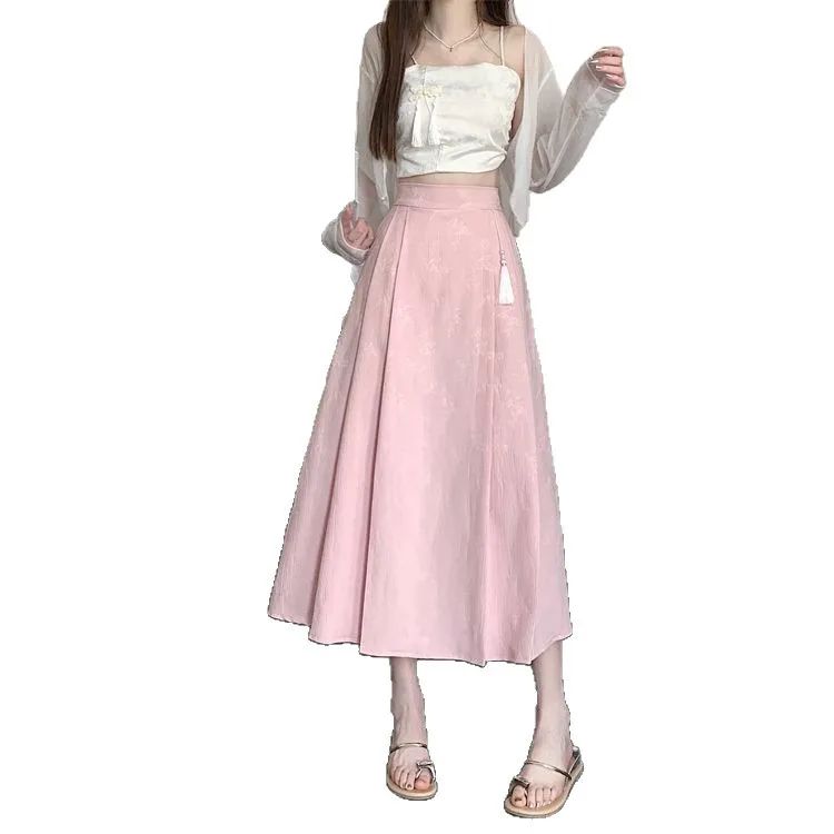 Elegant Embroidered High Waist Midi Skirt Women's New Chinese Style A- Line Half Body Skirt for Summer Fashionable Versatile