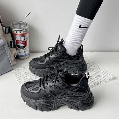 Novos Sapatos Esportivos de Plataforma para Mulheres 2024 Mulheres primavera outono Tênis Casuais Robustos Pretos Sapatos de Plataforma em Malha e Couro para Mulheres