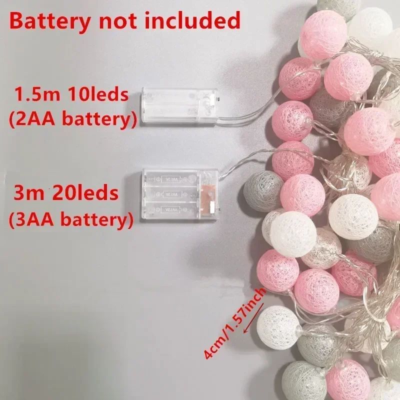 10/20LED Cotton Balls String Lights Battery Powered Fairy Garland Lighting Strings Holiday Wedding Party Decoration Birthday