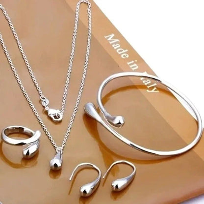 Conjunto de Brincos, Anel e Pulseira de Prata Esterlina S925 da Moda para Mulheres, Conjunto de Joias de Quatro Peças com Gota de Água, Presente para Festa
