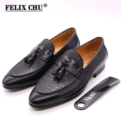 FELIX CHU Men's Genuine Leather Tassel Loafers Italian Luxury Fashion Slip-On Dress Shoes for Parties Weddings Casual Wear