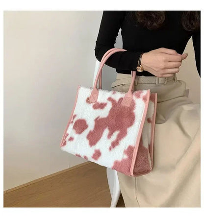 New Women Soft Plush Hand Bag New Winter Leopard Cow Print Tote Bags Female Pu Leather Underarm Bags Furry Fluffy Shoulder Bag