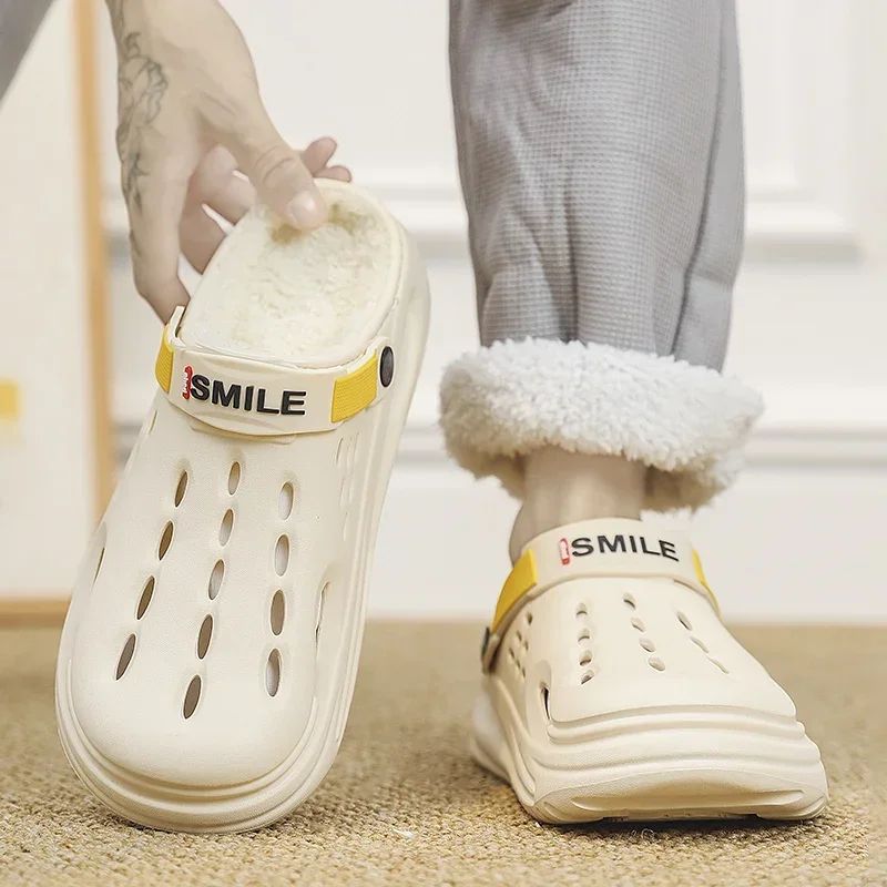 Men Cotton Slippers Winter Warm Furry Clogs Soft Indoor Bedroom Cotton Shoes EVA Fluff Slides Casual Comfortable Plush