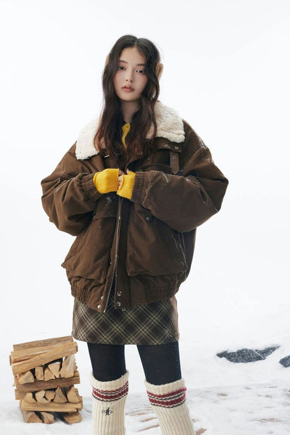 ?Mirrordust?Winter Jackets Men Thicken Warm Coat Vintage Loose Padded Jackets Big Pocket Fur Collar Jackets Outwear Unisex