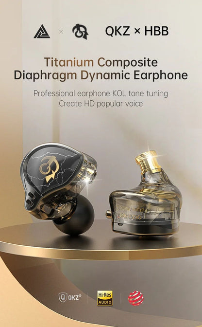 QKZ X HBB Best HiFi In Ear Wired Earphones 10mm Titanium-Coated Diaphragm Semi-open Cavity CNC Aluminum Alloy Monitor Headphone