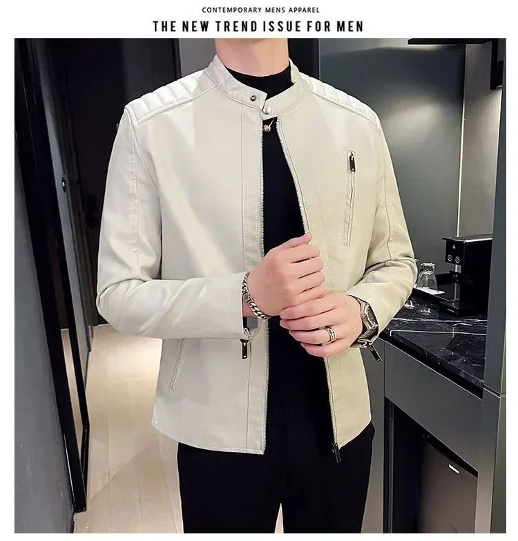 Stand Collar Solid Color White Black Leather Jacket Zip Up PU Coat Men's Motorcycle Leather Jacket Male Spring Autumn Casual