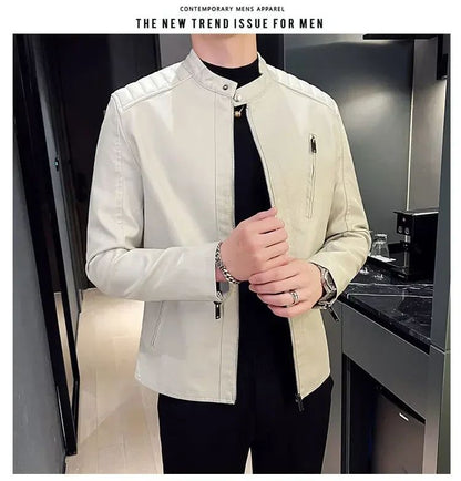 Stand Collar Solid Color White Black Leather Jacket Zip Up PU Coat Men's Motorcycle Leather Jacket Male Spring Autumn Casual