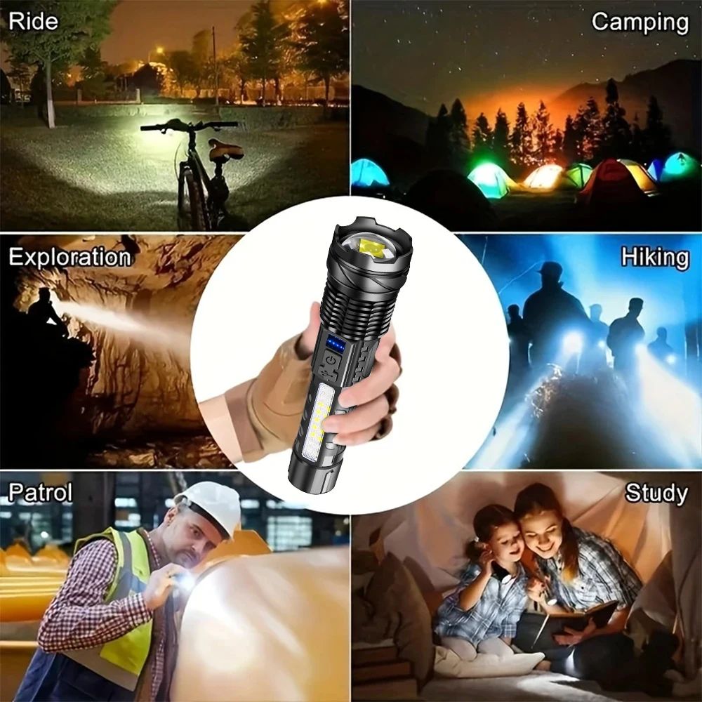 High Power LED Flashlight Powerful USB Rechargeable Zoomable Flashlight with COB Side Light Torch for Outdoor Camping Hiking