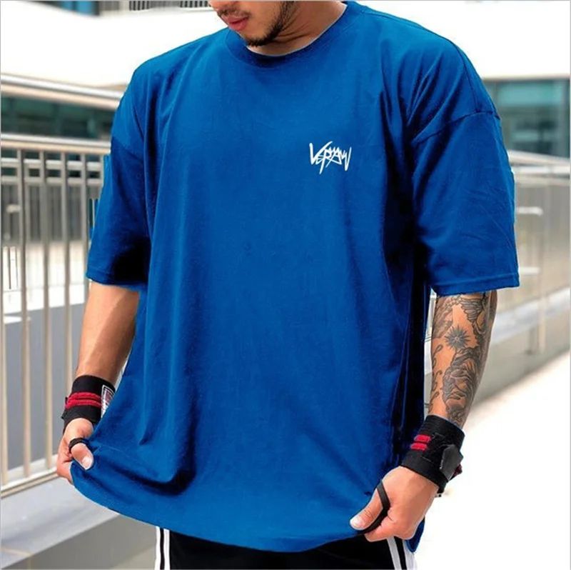 NEW Round Collar  sports T Shirt Oversize Cotton Summer Tee Training running shirt Man Streetwear Half Sleeve men T-shirt