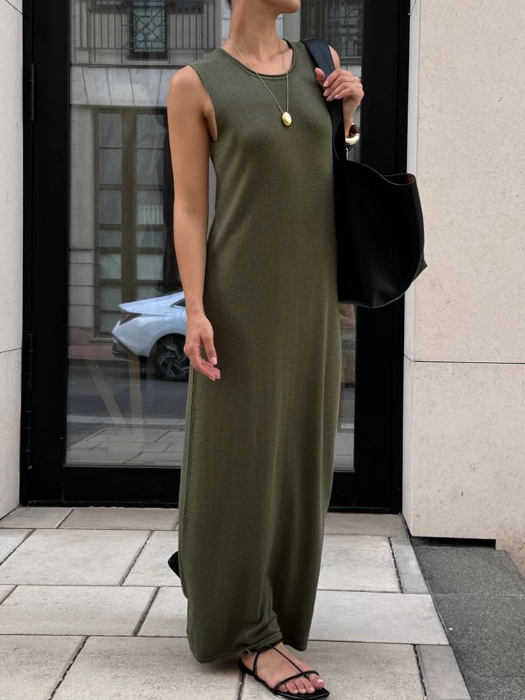 Noodle Women's Summer Knitted Dress Sleeveless Soild Long Elegant Brown Dress  O