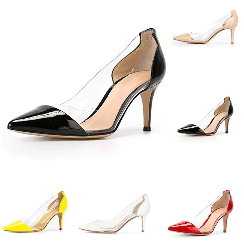 Women Patent Leather Sexy Pumps 2025 Autumn PVC Transparent 5cm Low Heel Pointed Toe Slip-on Thin High Heels Party Wedding Shoes