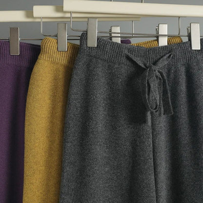Spring Autumn Women High Waist Wool Wide Leg Pants Solid Soft Warm 100% Merino Wool Knitted Trousers Belt Casual Korean Fashion