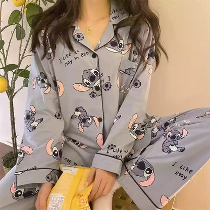 Hot Stitch Disney Faux Cotton Pajamas Spring Autumn Cartoon Female Pyjamas Kawaii Suit Long Sleeves Winter Home Sleepwear Gift