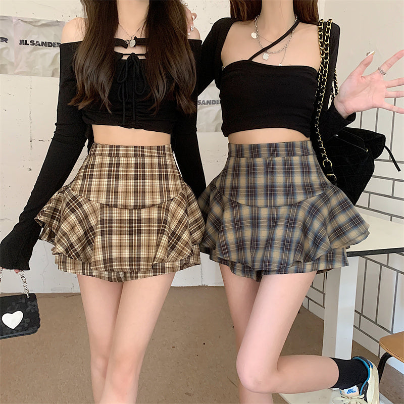 Tiered Mini Skirt Y2K High Waist Tartan Ruffled Plaid Skirt Skort Women Aesthetic Outfit