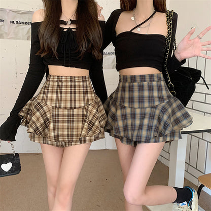 Tiered Mini Skirt Y2K High Waist Tartan Ruffled Plaid Skirt Skort Women Aesthetic Outfit