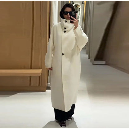 Stand Collar Single Breasted Split Long Coat Women Oversize Elegant Long Sleeve 2025 Autumn Female Outerwear Office Overcoat