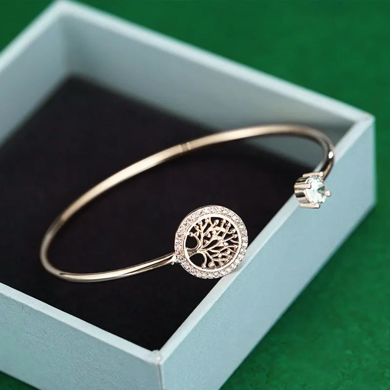 Pulseira Elegante Árvore da Vida com Zircônia, Estilo Europeu e Americano, Simples e Delicada, para Mulheres, Aberta, Joia para Festas