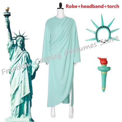 Statue of Liberty Cosplay Adult Lady Liberty Costume Green Women Patriotic Collection Halloween Party Fancy Dress Headwear suit
