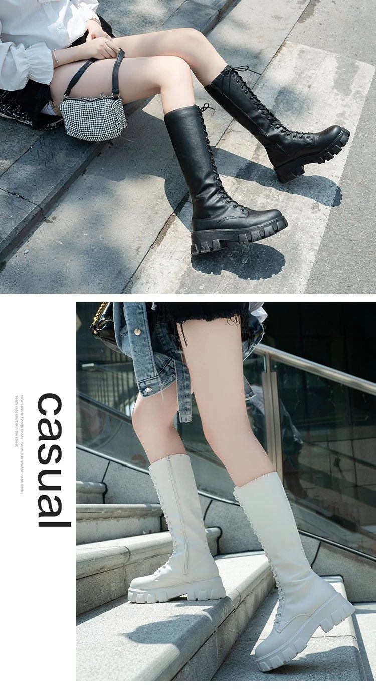 Women's Mid Calf Boots Padded Shoes Knee High Winter Sneakers Punk Style Military Casual White Black 2024 Lucury Platform Woman