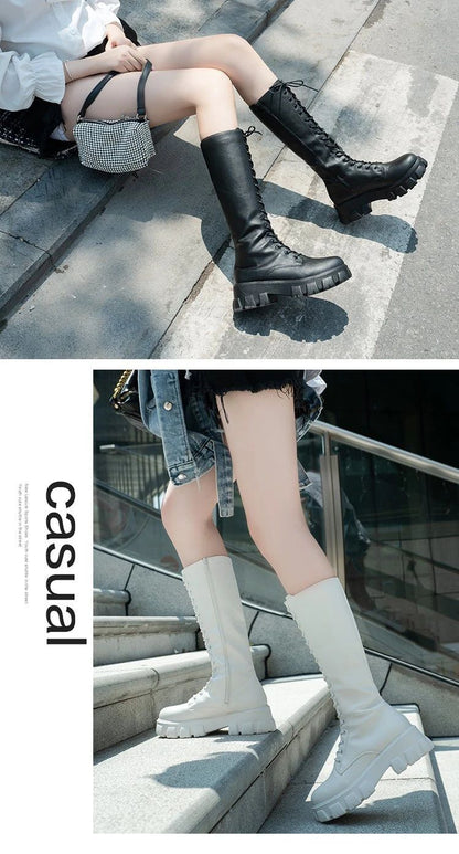 Women's Mid Calf Boots Padded Shoes Knee High Winter Sneakers Punk Style Military Casual White Black 2024 Lucury Platform Woman