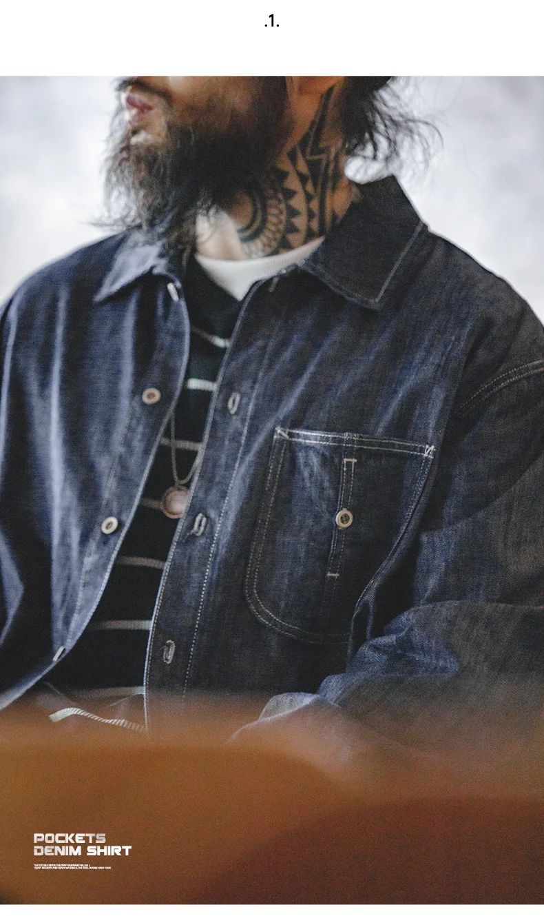 Maden Vintage Washed Pockets Denim Shirt for Men Casual Button Down Long Sleeve Shirt Male Loose Workwear Tops Large Pocket