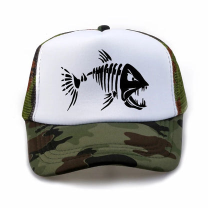 Boné de Beisebol com Ossos de Peixe Crânio Chapéu de Pesca ao Ar Livre Masculino Boné de Malha Respirável de Verão para Entusiastas da Pesca, Bonés Snapback Ajustáveis