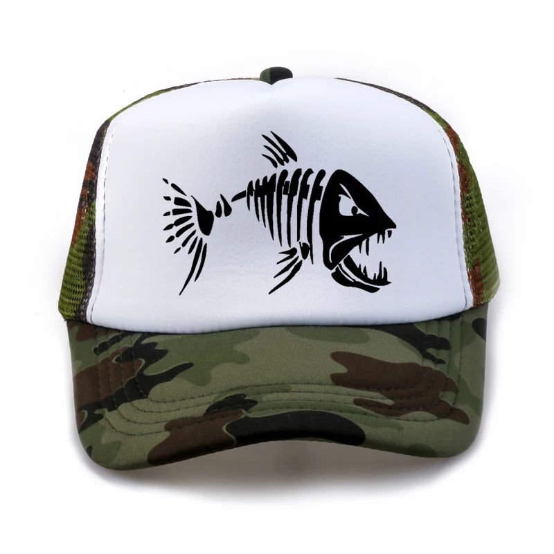 Boné de Beisebol com Ossos de Peixe Crânio Chapéu de Pesca ao Ar Livre Masculino Boné de Malha Respirável de Verão para Entusiastas da Pesca, Bonés Snapback Ajustáveis