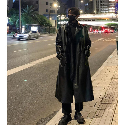 Autumn Trench Coat Men's High-end Luxury Double Row PU Leather Coat Male Long Korean Style Windbreaker Motorcycle Leather Jacket