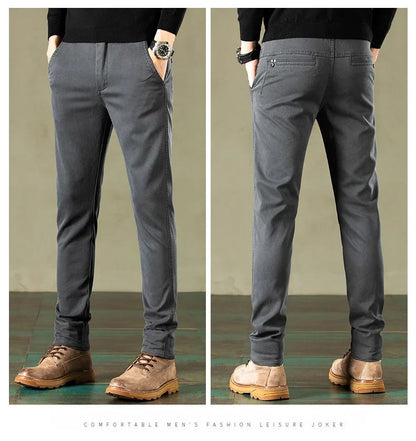 2024 Primavera Novas Calças Casuais Masculinas Marca de Roupas Negócios Cintura Elástica Grossa Clássica Slim Calça Masculina Preto Cinza Marrom