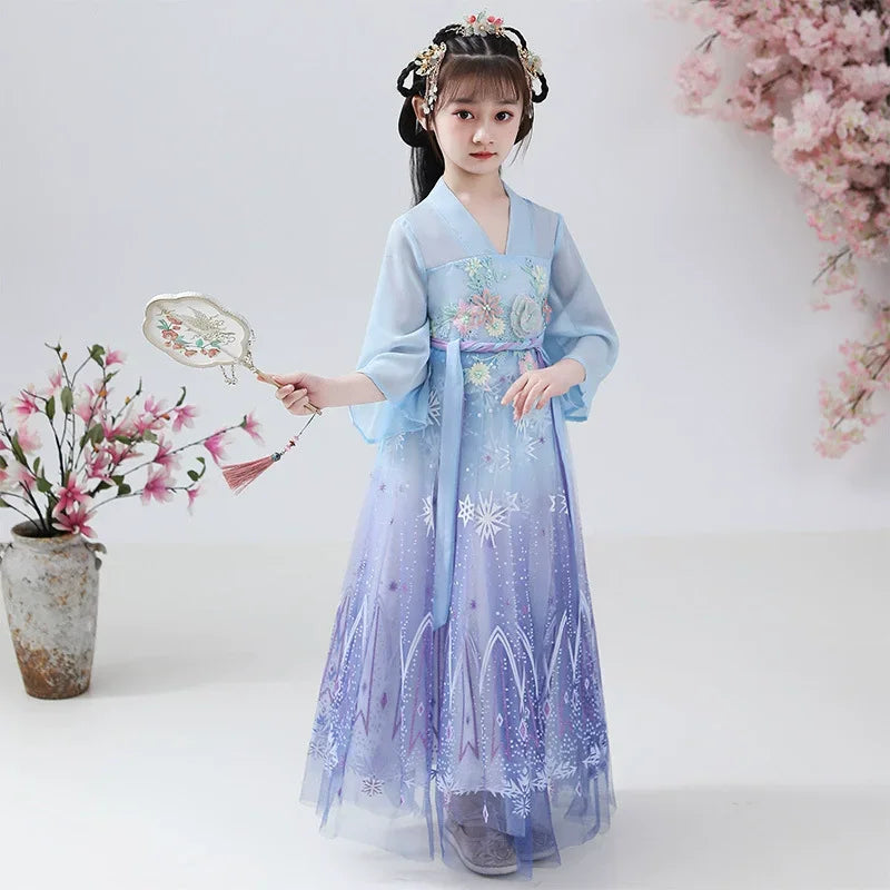 Fashion Girls Dresses Casual Outfit Long Sleeve Hanfu Girl Summer Children Clothes Princess Dress Baby Vestido Kids Tang Costume