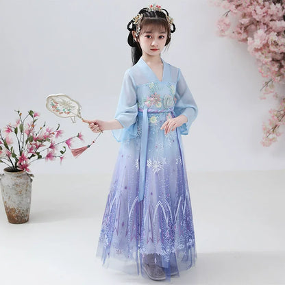 Fashion Girls Dresses Casual Outfit Long Sleeve Hanfu Girl Summer Children Clothes Princess Dress Baby Vestido Kids Tang Costume
