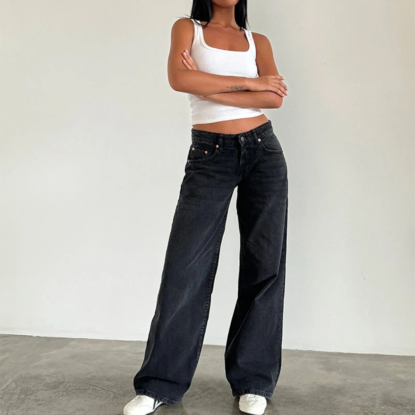 High Waist Straight Leg Women's Jeans Retro American Washed Denim Pants Autumn Street Style Wide Leg Trousers for Women